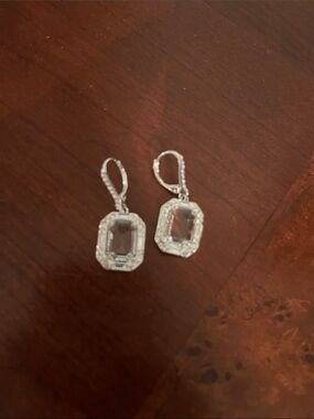 Nadri Silver-Tone Clear Crystal Emerald Cut Drop Earrings